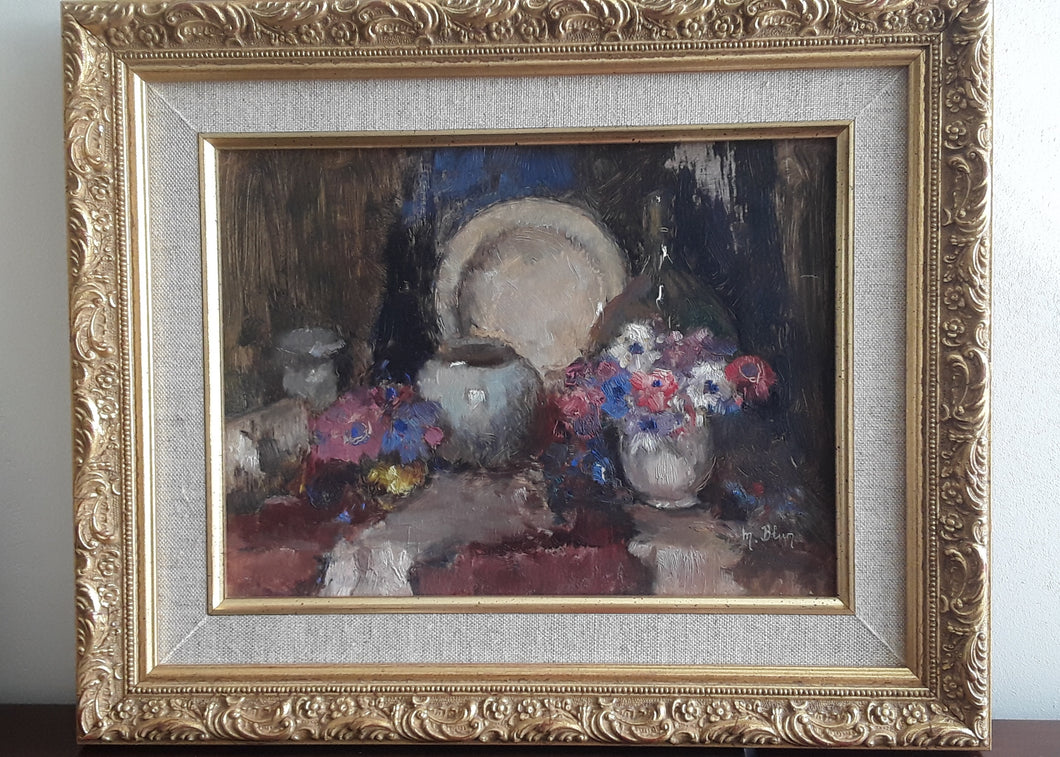 Tableau Nature morte, huile/carton, Marcelle Blum Ecole Belge,  Still-life Painting